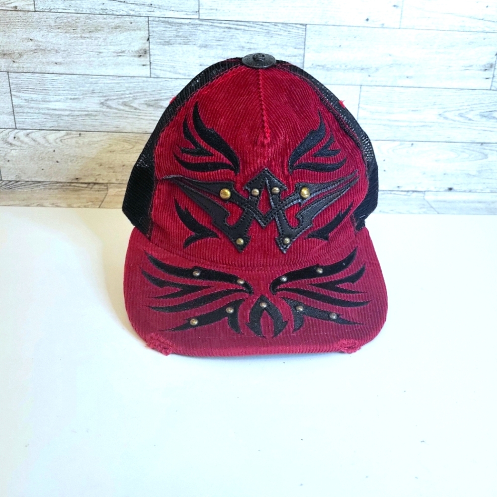 Affliction Trucker Hat Logo Snapback Red Black Corduroy Distressed Y2K OS